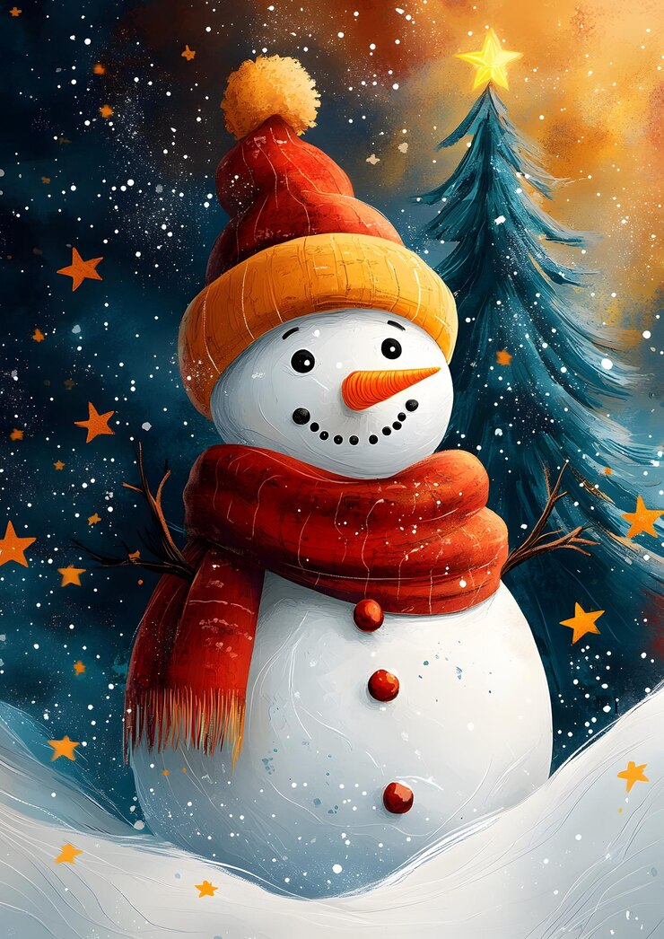 Flat cartoon style illustration of a cheerful snowman and Christmas tree with vibrant colors stars and abstract elements on a white backdrop