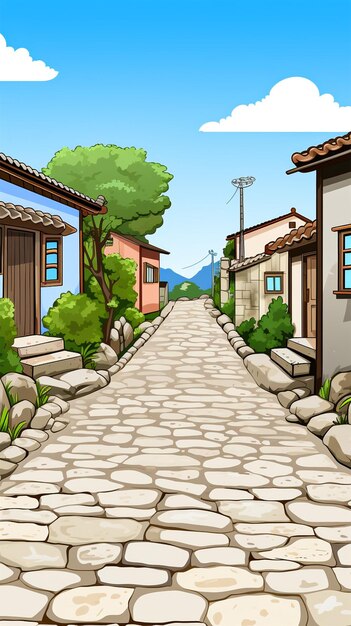 Photo flat color style draw japanese village landscape
