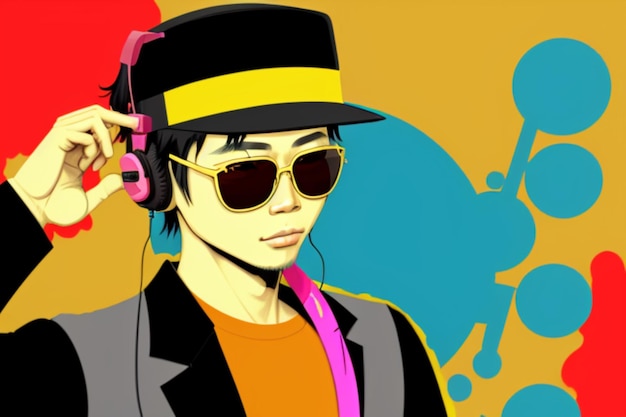 Photo flat color vietnamese man modern sunglasses hat headphone graffiti illustration vivid color
