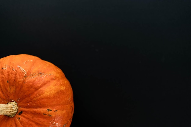 Foto zucca arancione composizione piatta su sfondo nero. un posto per il testo.