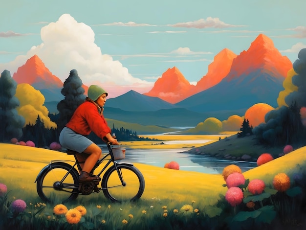 A flat concept with people riding bikes with mountain