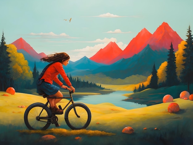 A flat concept with people riding bikes with mountain