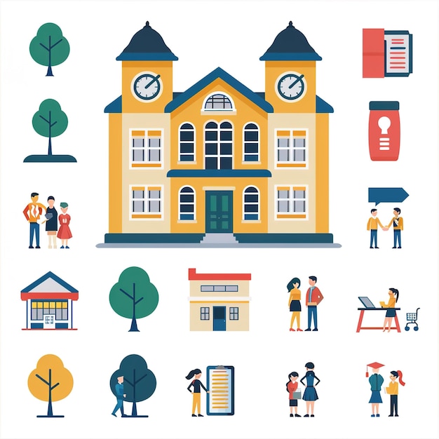 Photo a flat corporate graphic illustration of a school building and a set of icons of people an icon