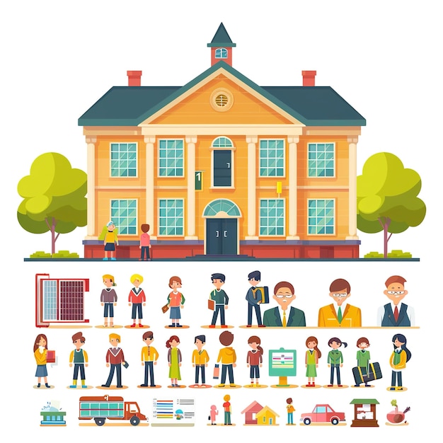 学校の建物の平面グラフィックイラストと人々のアイコンのセット