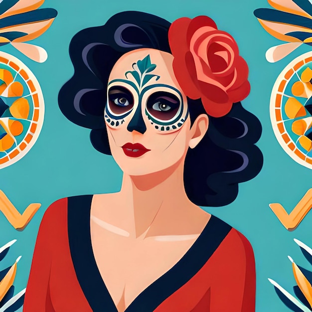 Flat da de Muertos background and skeleton woman