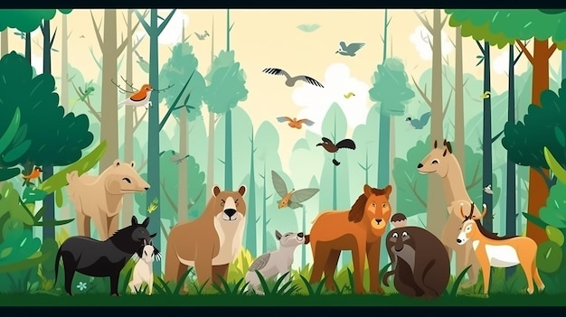 숲 속의 동물의 평면 디자인