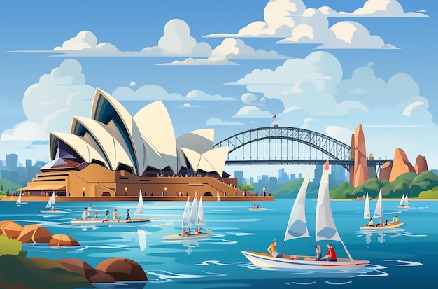 Photo flat design australia day bridge illustration and sydney opera house australia day flat illustration