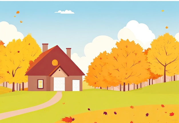 Flat design autumn landscape with bench