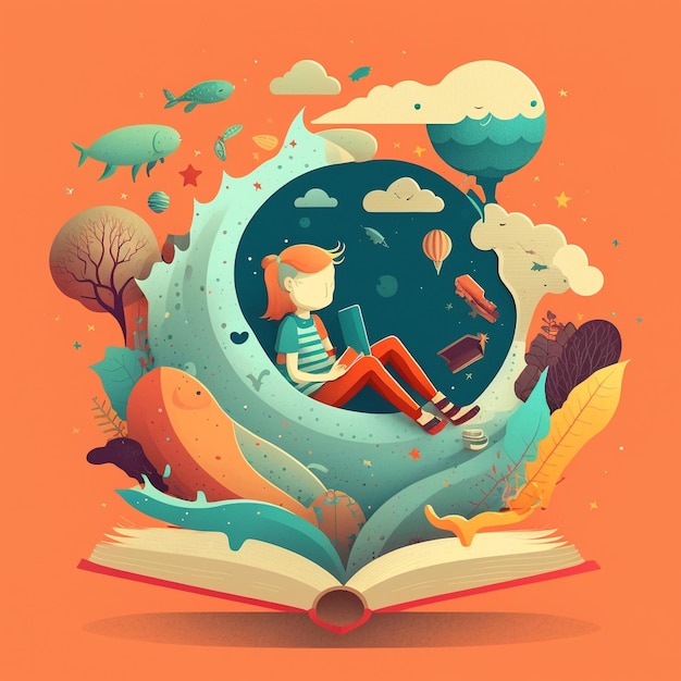 Иллюстрация к Всемирному дню книги в плоском дизайне Открытая книга с историями, выходящими со страниц, созданных искусственным интеллектом