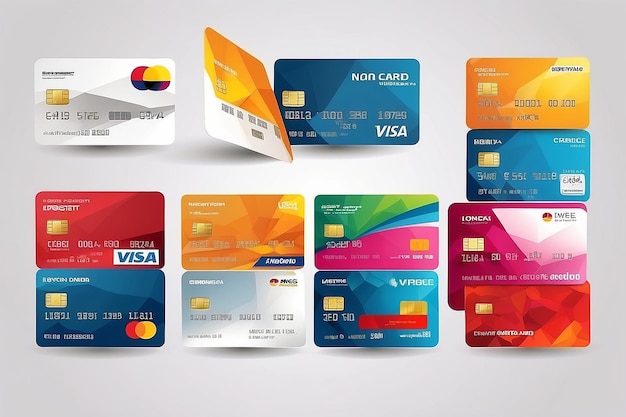 평평한 디자인의 신용카드 세트는 색 배경에 고립되어 있습니다.