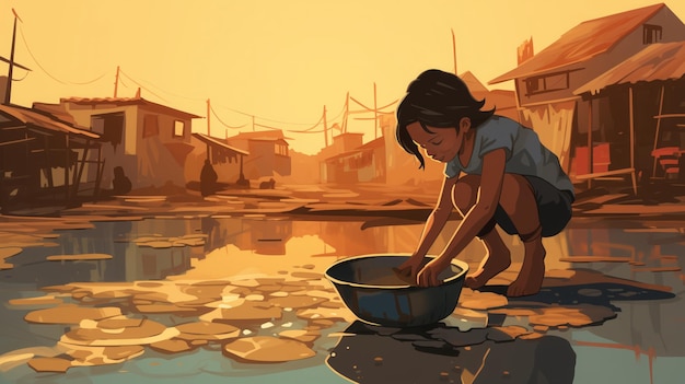 Photo flat design dirty water in a slum a child playing