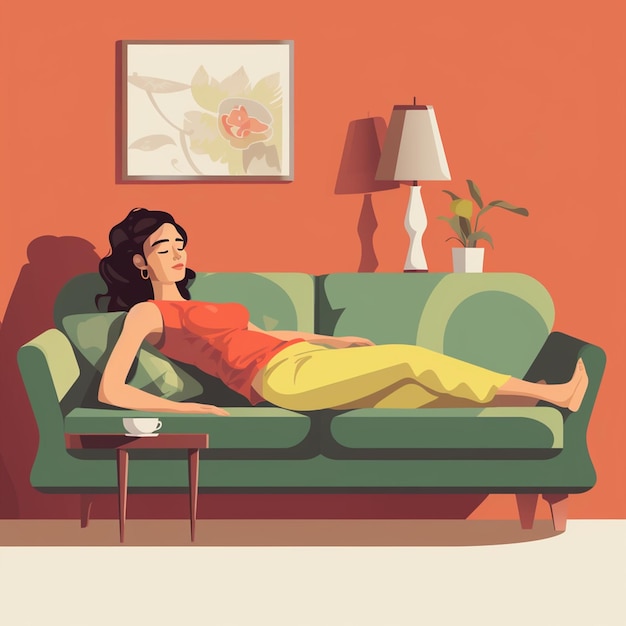 Photo flat design girl resting lying on the sofa home life vector illustration