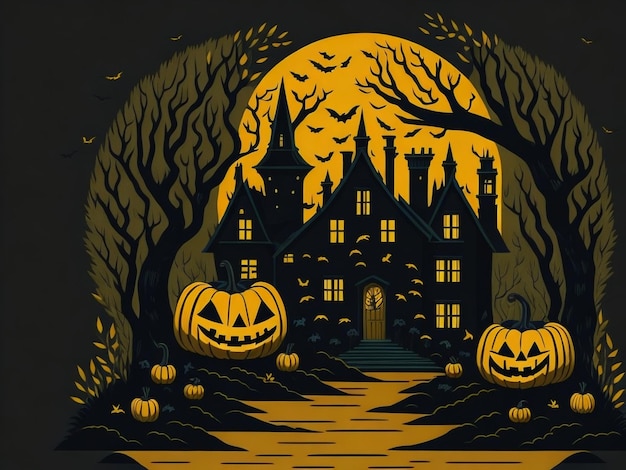 Flat design Halloween night with pumpkins in front of a spooky house