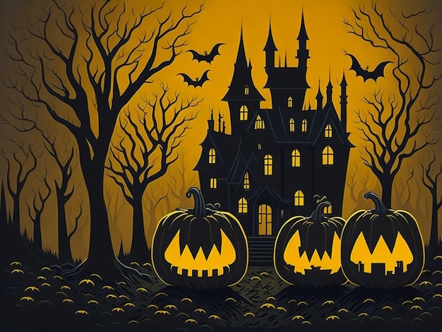 Flat design Halloween night with pumpkins in front of a spooky house