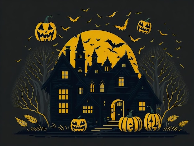 Flat design Halloween night with pumpkins in front of a spooky house