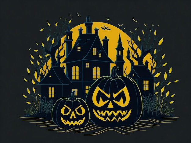 Flat design Halloween night with pumpkins in front of a spooky house