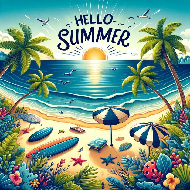 Photo flat design hello summer concept with summer template and summer background