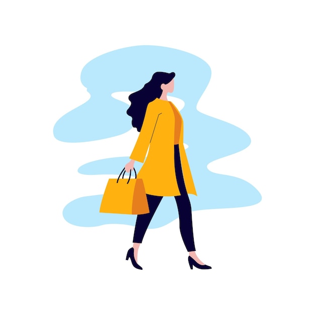 flat design illustration of beautiful woman character holding shopping paper bag