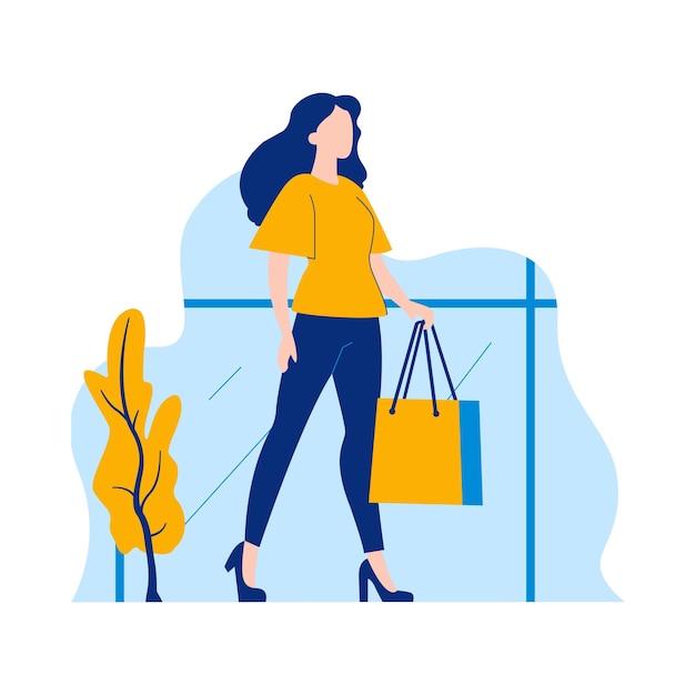 flat design illustration of beautiful woman holding shopping paper bag in store