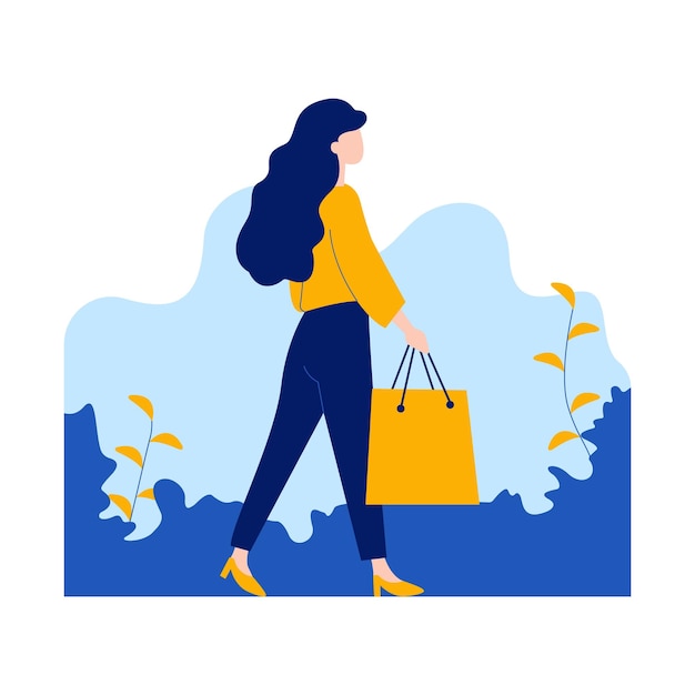 flat design illustration of beautiful woman walking in the park while holding shopping paper bag