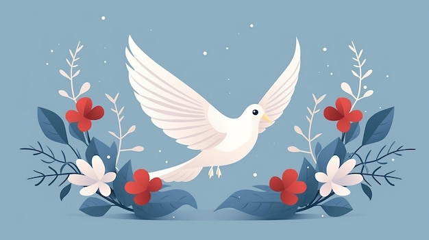 flat design illustration of a pigeon and flower on blue background for international day of peace ba...