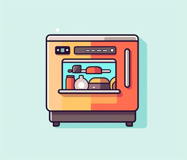 A flat design of a kitchen oven with a large display of food.