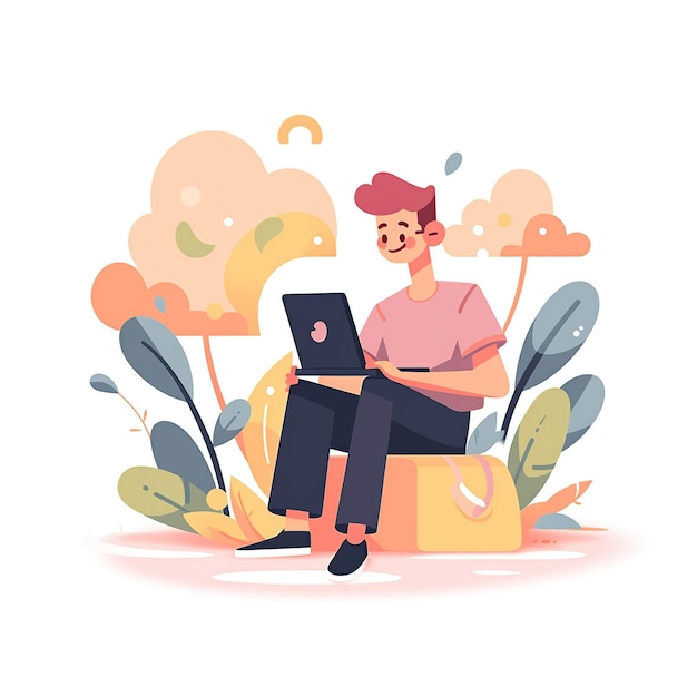 Flat design a man sitting in a chair with a laptop