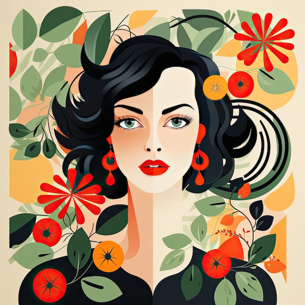 Flat design Matissestyle illustration composition Girl with flowers Artificial intelligence