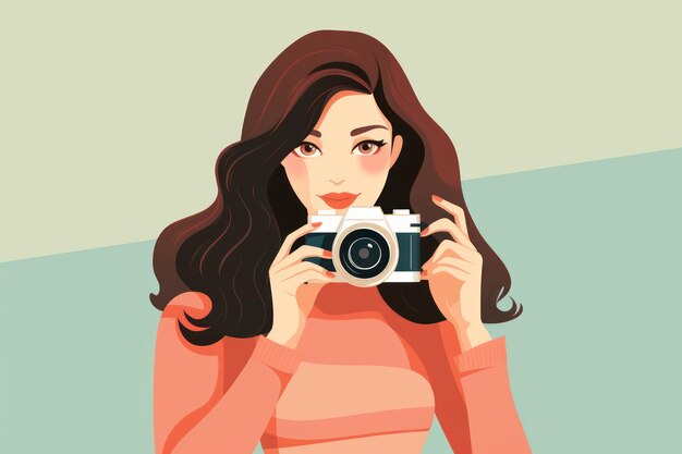 写真 写真を撮影するためのカメラを持つ若い女性のフラットなデザイン 写真の日のコンセプト