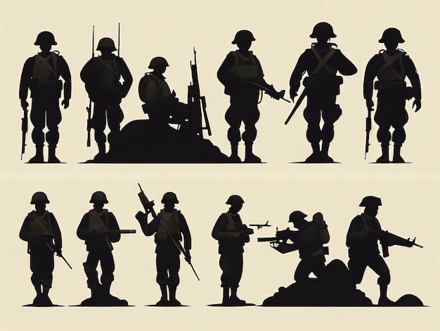Иллюстрационный набор с плоским дизайном силуэта солдата