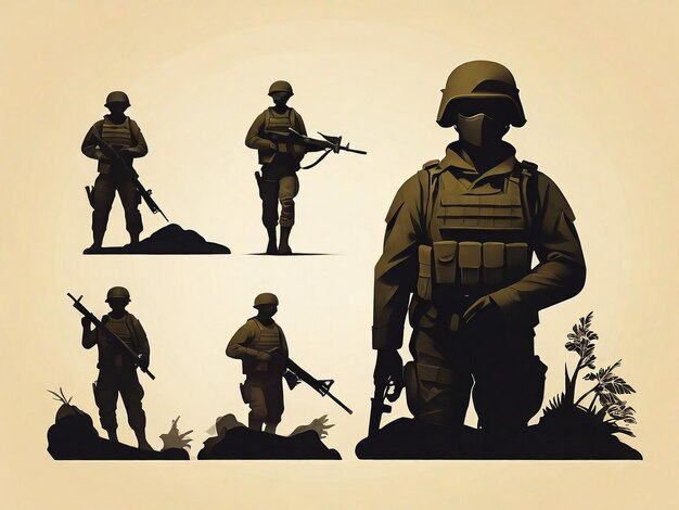 Flat design soldier silhouette illustration set