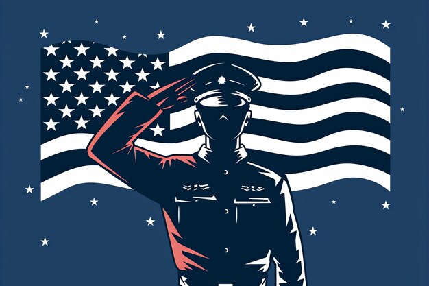 Photo a flat design of a soldier in uniform saluting at us flag