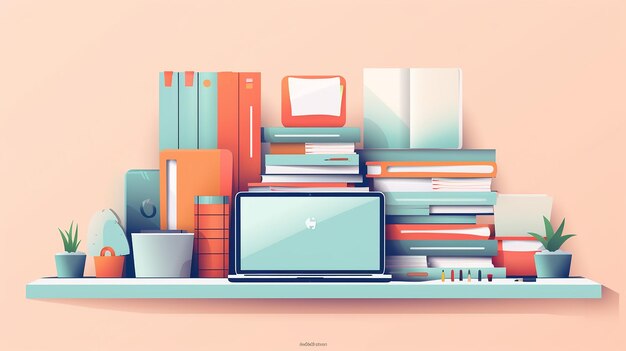 flat design of stacks of folders with laptop