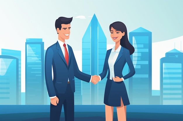 flat design style businesswoman and businessman shakehand building background Generated AI