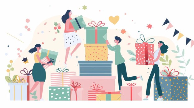 Photo flat design style minimal modern illustration of people sharing stacked gift boxes promotion poster concept