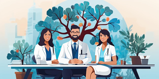 A flat design team doctor working at a hotpital with flatstyle illustrations