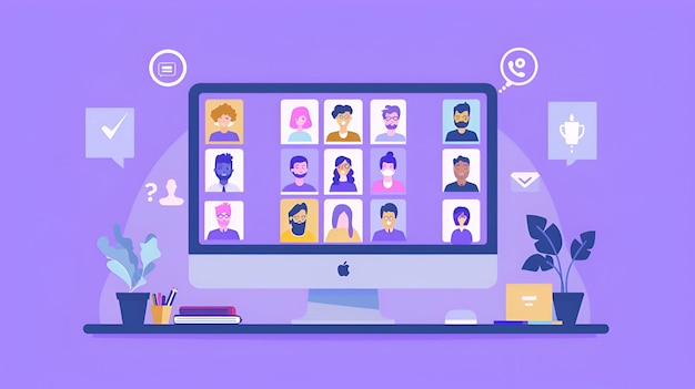 Photo flat design vector illustration of a video conference on computer screen with pastel colors