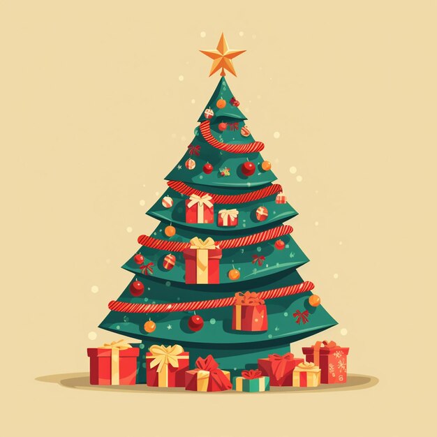 플래트 디자인 빈티지 크리스마스 트리 과 선물
