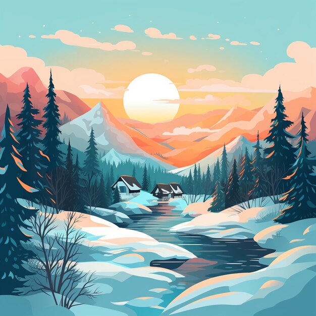 Flat design winter landscape