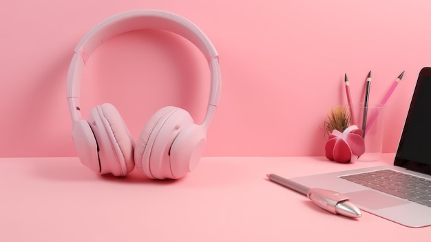 Flat design with headphones and laptop Illustration AI GenerativexA