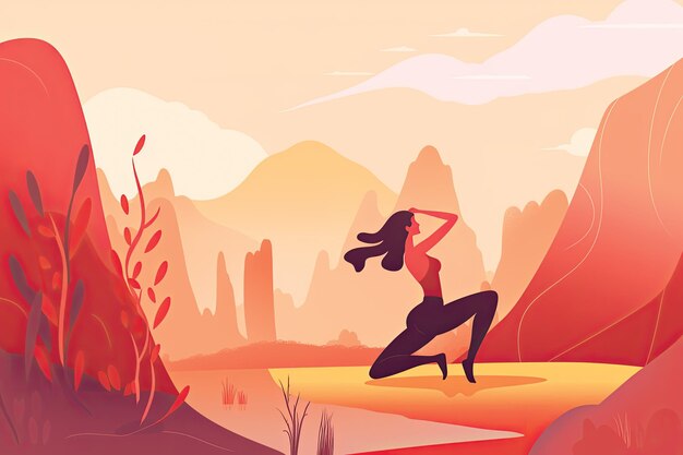flat design woman doing yoga outdoors vector illustration