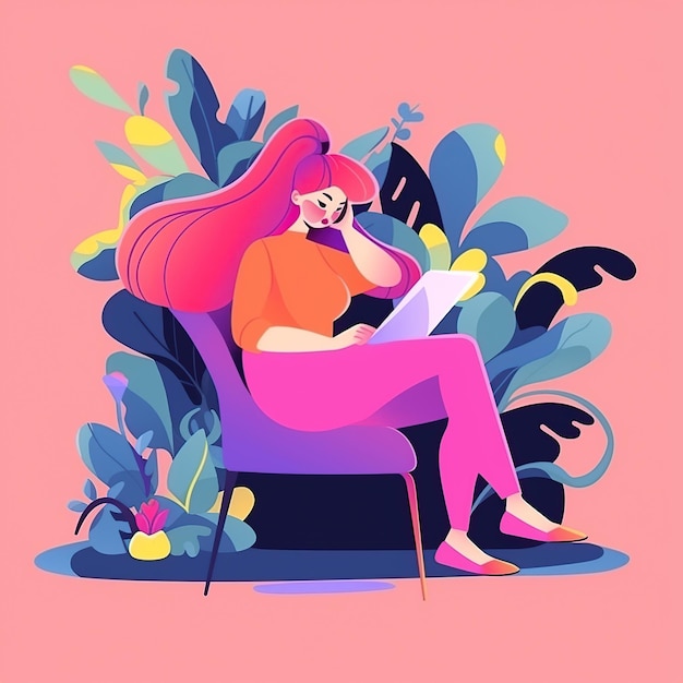 Flat design a woman sitting in a chair with a laptop