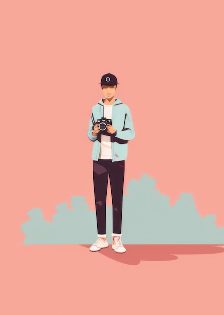 Flat design of young man with camera for shooting photo Photograph day concept