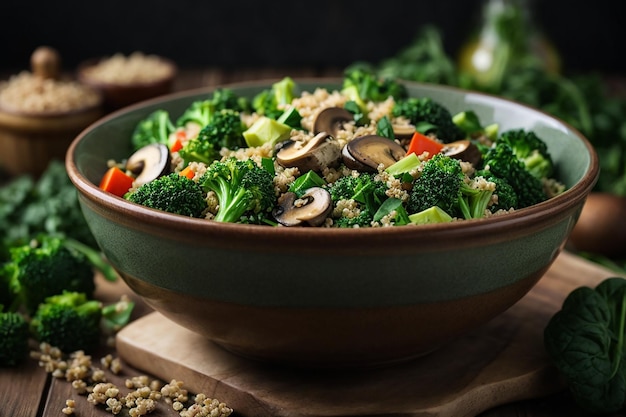 flat dietary menu healthy vegan salad of vegetables broccoli mushrooms spinach and quinoa in a bowl