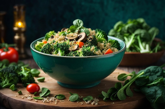 flat dietary menu healthy vegan salad of vegetables broccoli mushrooms spinach and quinoa in a bowl