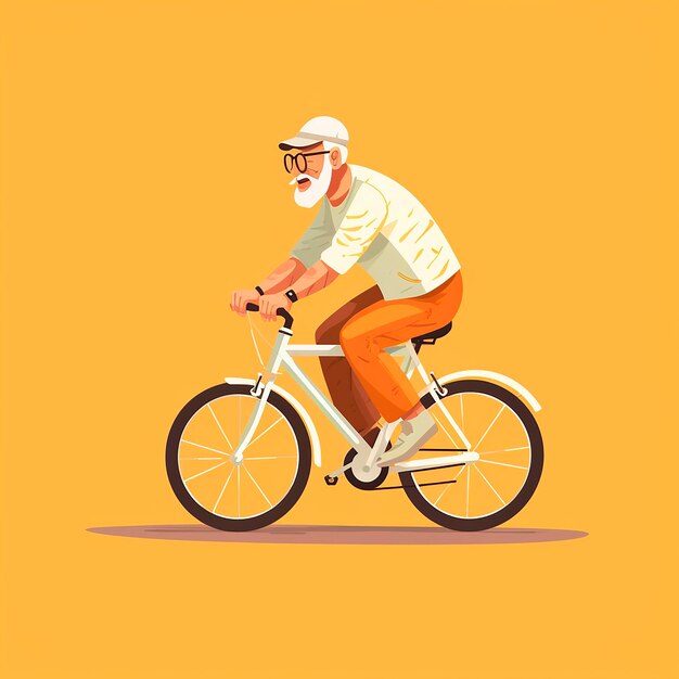 flat drawing an elderly man rides a bicycle smiles flat style sports old people travel