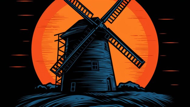 Photo flat dutch windmill illustration european landmark icon for travel and tourism concepts