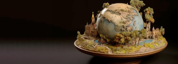 사진 평평한 지구 아틀라스 지도 검정색 배경 행성을 절약하는 세계화의 개념 헤더 배너