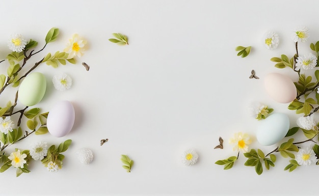 Flat easter frame with spring flowers and eggs