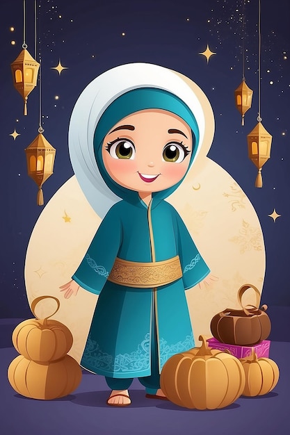 Flat Eid al-Fitr en Eid Mubarak illustratie